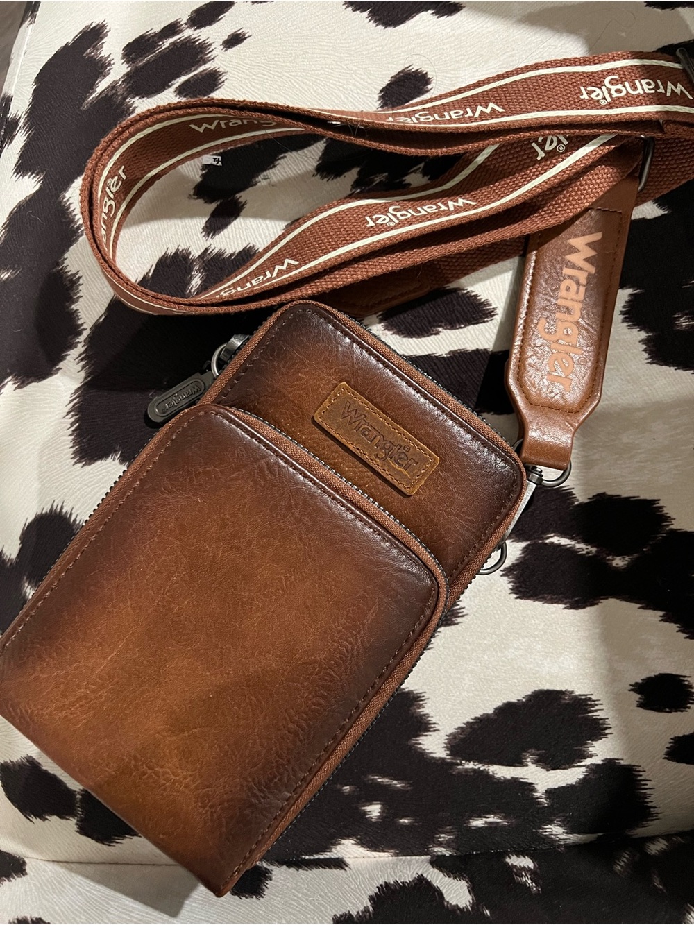 Wrangler Brown Leather-Look Crossbody Pouch with Branded Strap